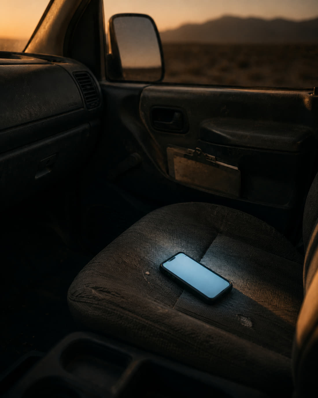 A phone screen glowing on the worn seat of a work truck at dusk, desert and mountains visible through the open window.
