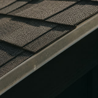 A close view of asphalt shingles along a gutter edge in raking light.